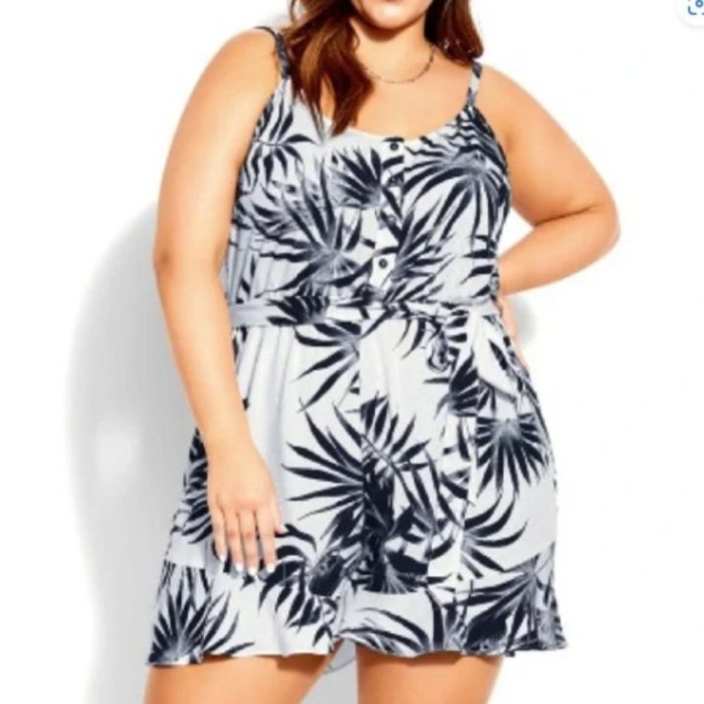 City Chic XL/22 Romper Playsuit White Black Phi Phi Palm Tree Tie Waist
